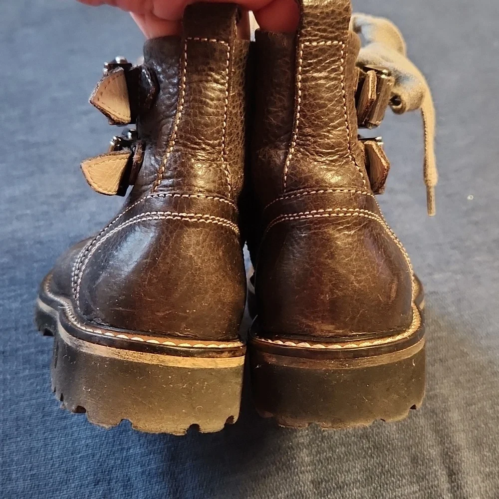 Montelpare Kids Brown Leather Double Bukled Zip-up & Lace-up Ankle Boots sz 27
